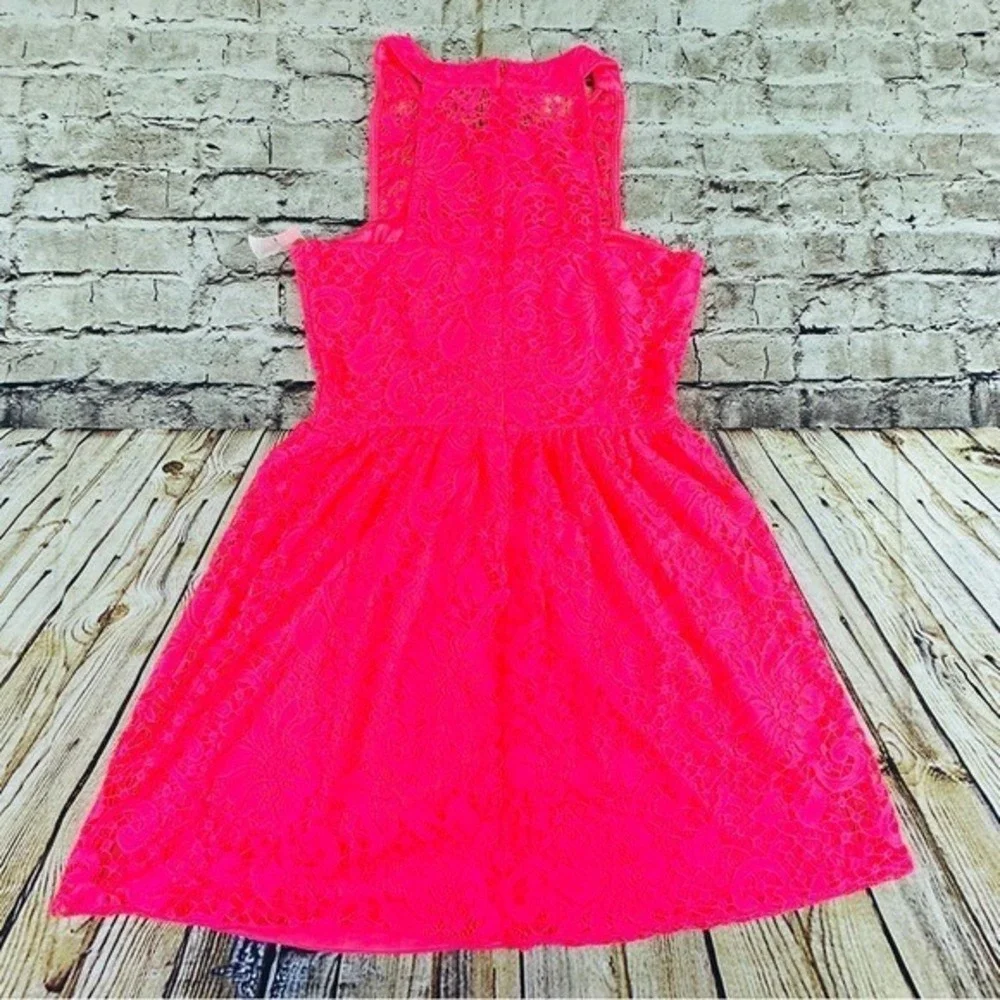 Speechless Lace Dress Womens L‎ Neon Pink High Neck Fit Flare Mini NWT